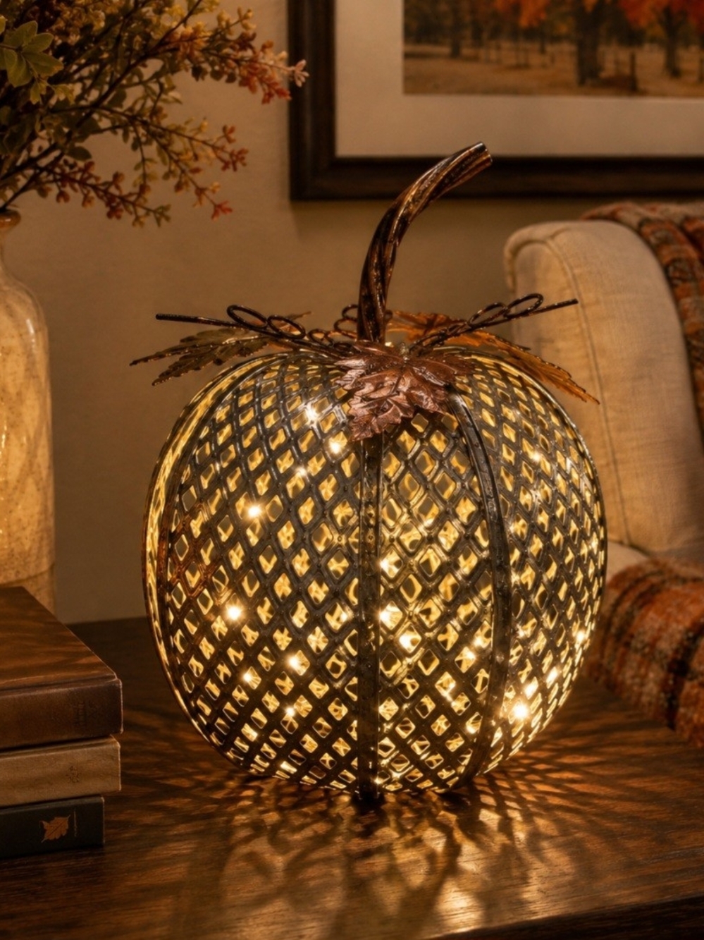 Ornate Metal Mesh Pumpkin Fall Halloween Decor Copper Leaves & Curly Vines